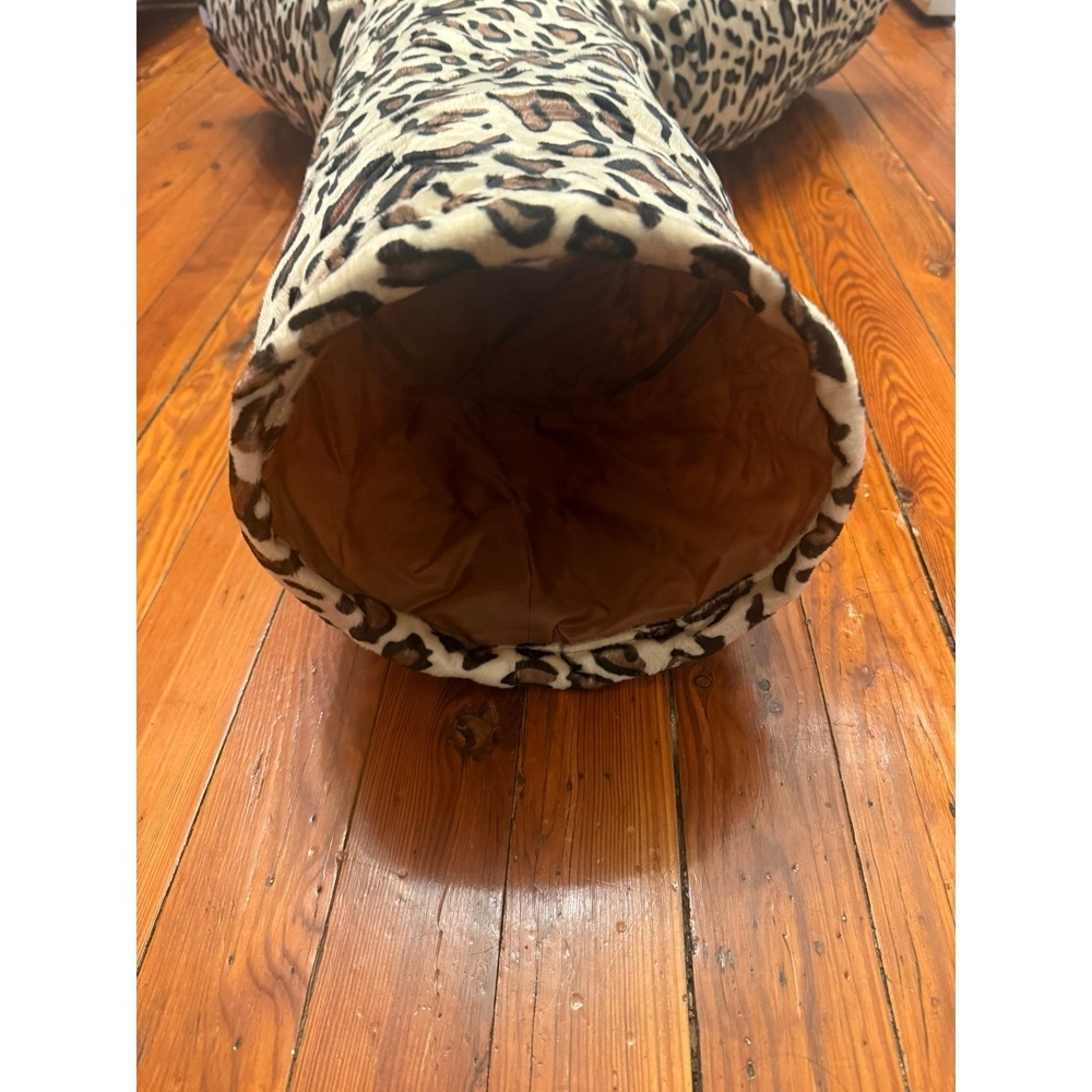 Leopard Print 3-Way Cat Tunnel Collapsible Pet Play Tube with Hanging Toy - Picture 8 of 11